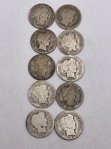 Barber Dimes Lot (10) 1899,01,02,04,07,08,09,11,13,14 All VG