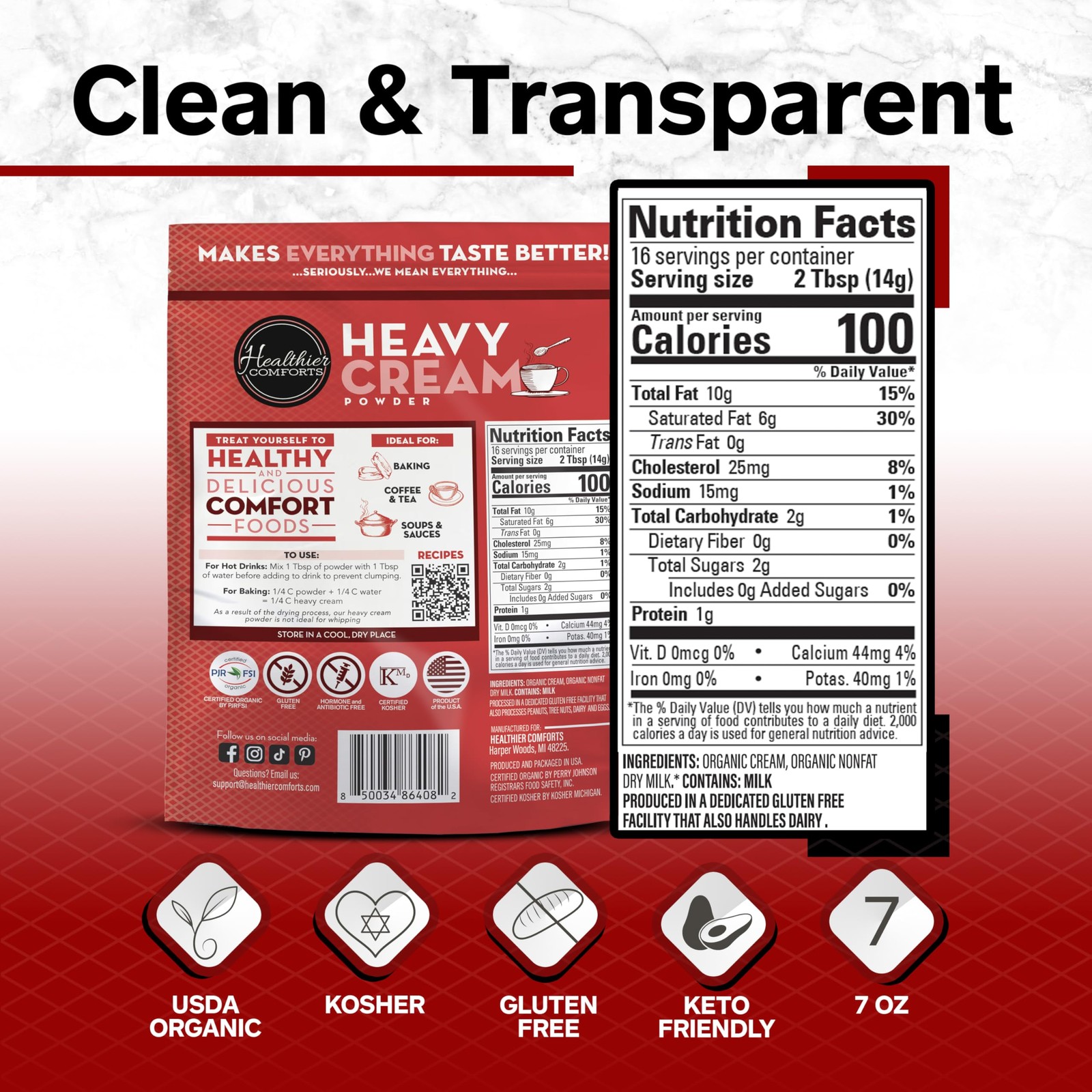 Organic Heavy Cream Powder, 72% Butterfat, USDA & Kosher, Gluten-Free, Keto