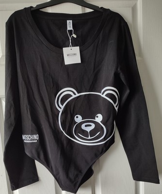 Moschino Black Bodysuit Large Long Sleeve Embroidered Teddy Logo BNWT Body $194