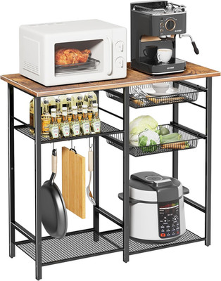 Rustic 3-Tier Kitchen Bakers Rack & Microwave Stand with 6 Hooks, Brown