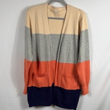Women's Colorblock Open Front Cardigan. Soft. Size M. Blue orange gray tan