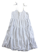 LOVE By GAP Linen Cotton White Blue Striped Tiered Midi Maxi Tank Slip Dress M
