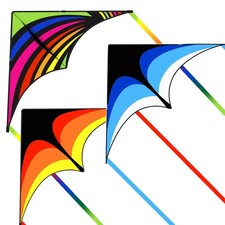 3 Pack Delta Kites for Adults, Easy to Fly Large, Blue  Yellow  Rainbow