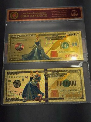 24k Gold Foil Plated Cinderella And Prince Charming Disney Banknotes Set Of 2