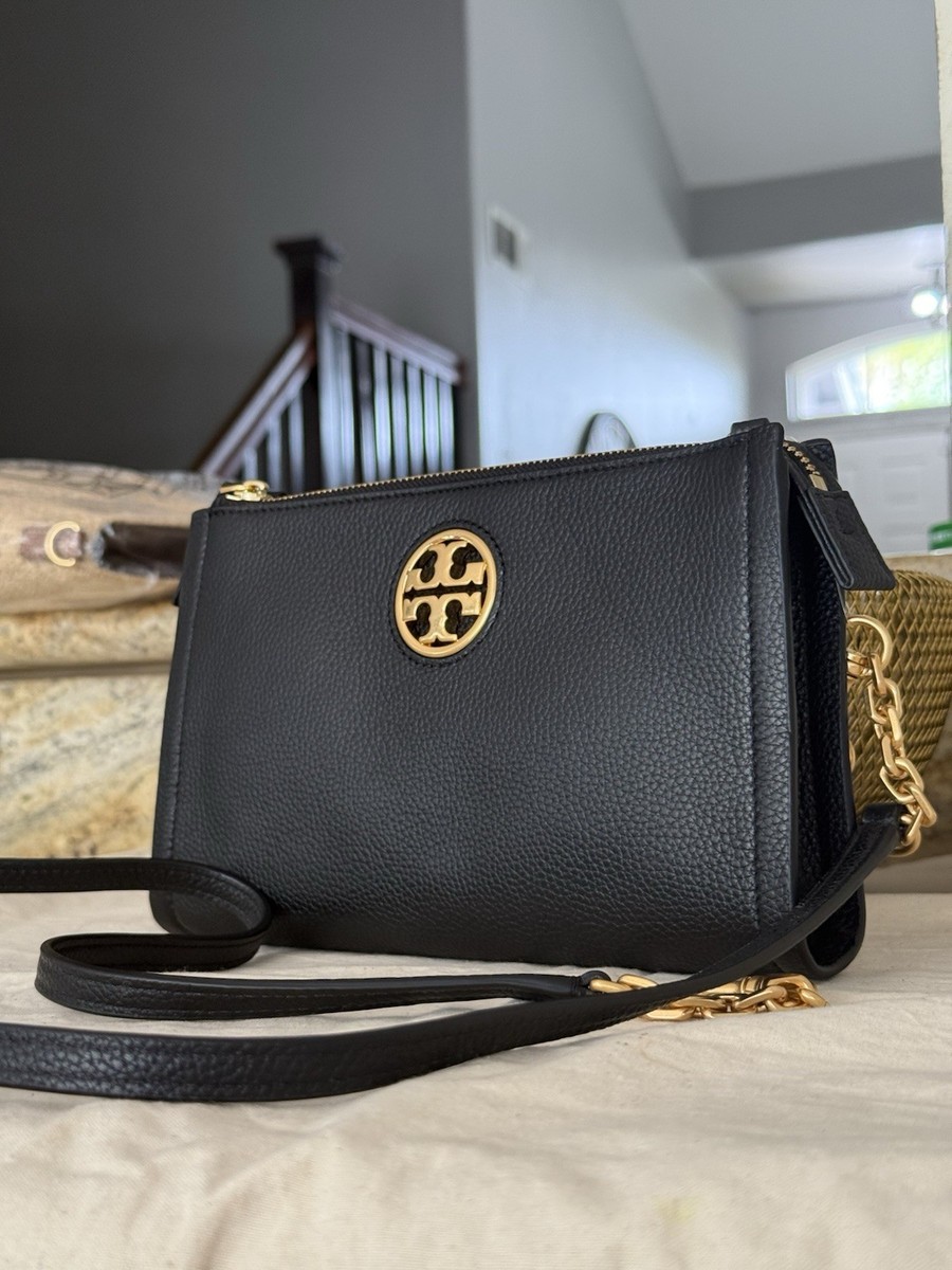 Tory Burch Carson Zip Top Crossbody Black Leather Bag (64887)