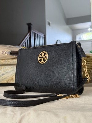 Tory Burch Carson Zip Top Crossbody Black Leather Bag (64887