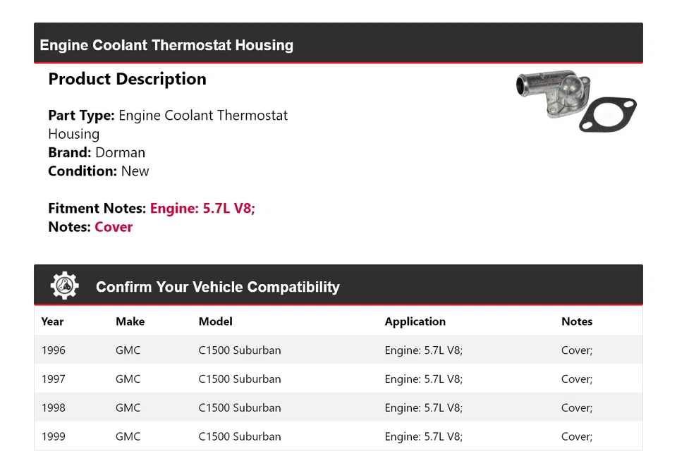 Carcasa termostato refrigerante motor Suburban Dorman 1996-1999 GMC C1500 1997 Foto 2 de 4