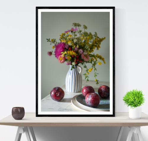 Beautiful Flowers Vase Grapes Table  PREMIUM POSTER Choose your Size - Afbeelding 1 van 3