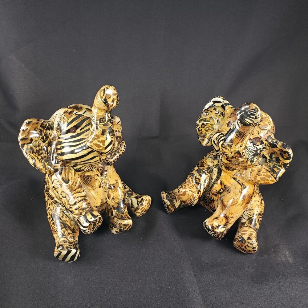 Decoupage Ceramic Elephants Pair LA VIE Endangered Animals Safari Collection