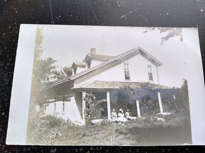 Three Children Sitting On Porch Of House RPPC Real Photo Postcard