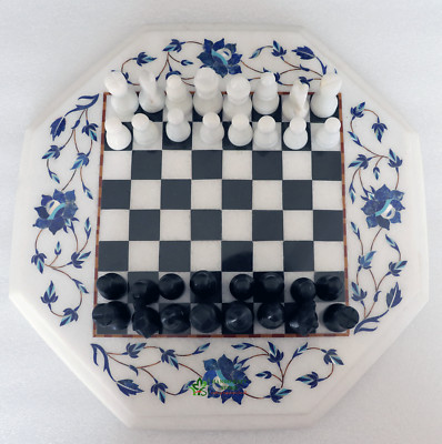 Marble Chess Table Inlaid with Semiprecious stone with Chess figure & stand