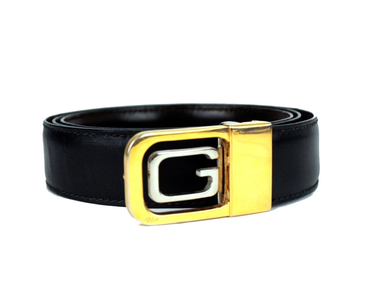 GUCCI Plus G boucle laiton or argent ceinture cuir noir accessoires Italie
