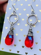 Swarovski Light Siam Glacier Blue Earrings Sterling Silver Wire Wrapped Earrings