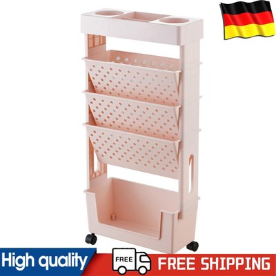 5-Tier Rolling Bookcase Cart Movable Storage Bookshelf Utility for School Office