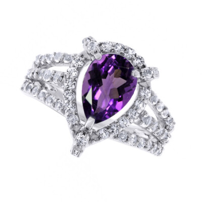 Sterling Silver Pear Cut Amethyst & White Topaz Halo Engagement Ring For Womens