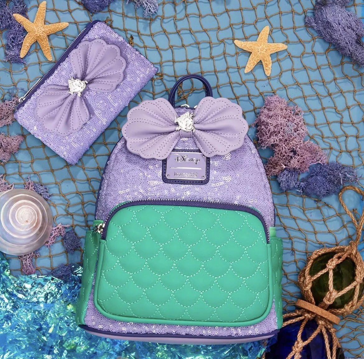 Loungefly Ariel Sequin Mini Backpack u0026 Wallet In Hand NWT | eBay