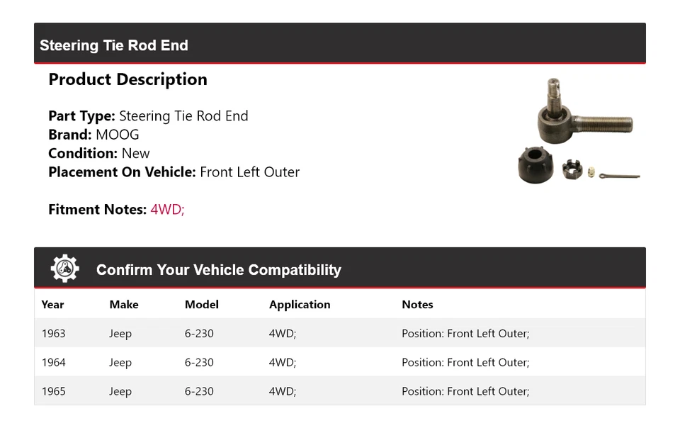 Para Jeep 6-230 1963-1965 4x4 extremo de barra de dirección delantero izquierdo exterior MOOG 1963 Foto 2 de 4