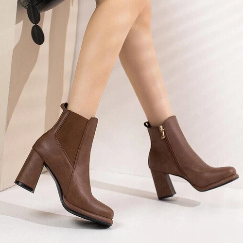 Damen Stiefeletten Mittel Blockabsatz Seitlicher Reißverschluss Chelsea Boots Schuhe - Bild 10 von 28