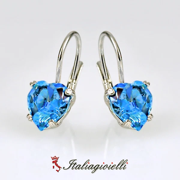 Orecchini Cuore Brillanti con Topazi in Argento 925 Rodiato Oro Bianco - Immagine 3 di 4