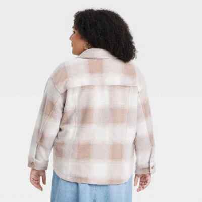 Women's Front Button-Down Shacket - Ava & Viv Tan Plaid 3X