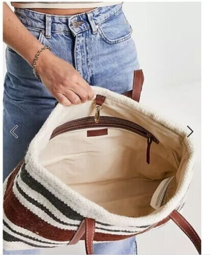 NWT Mango MNG Large Tote Striped with Leather Ivory & Brown NWT Mango MNG Large Tote Striped with Leather Ivory & Brown
