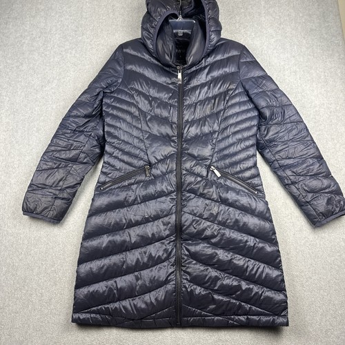 Calvin Klein Jacket Womens L Blue Packable Down Parka Hood Full Zip Puffer READ