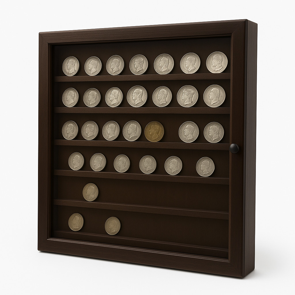 Vitrina colecciones monedas. Acabado barniz nogal. Ideal exponer tu colección.