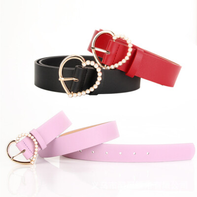 Women Skinny Metal Heart Beads Buckle Faux Leather Belt Dress