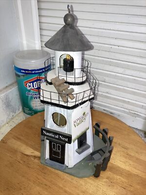 Lighthouse White Wood Metal Nautical Nest Birdhouse Feeder Outdoor Decor