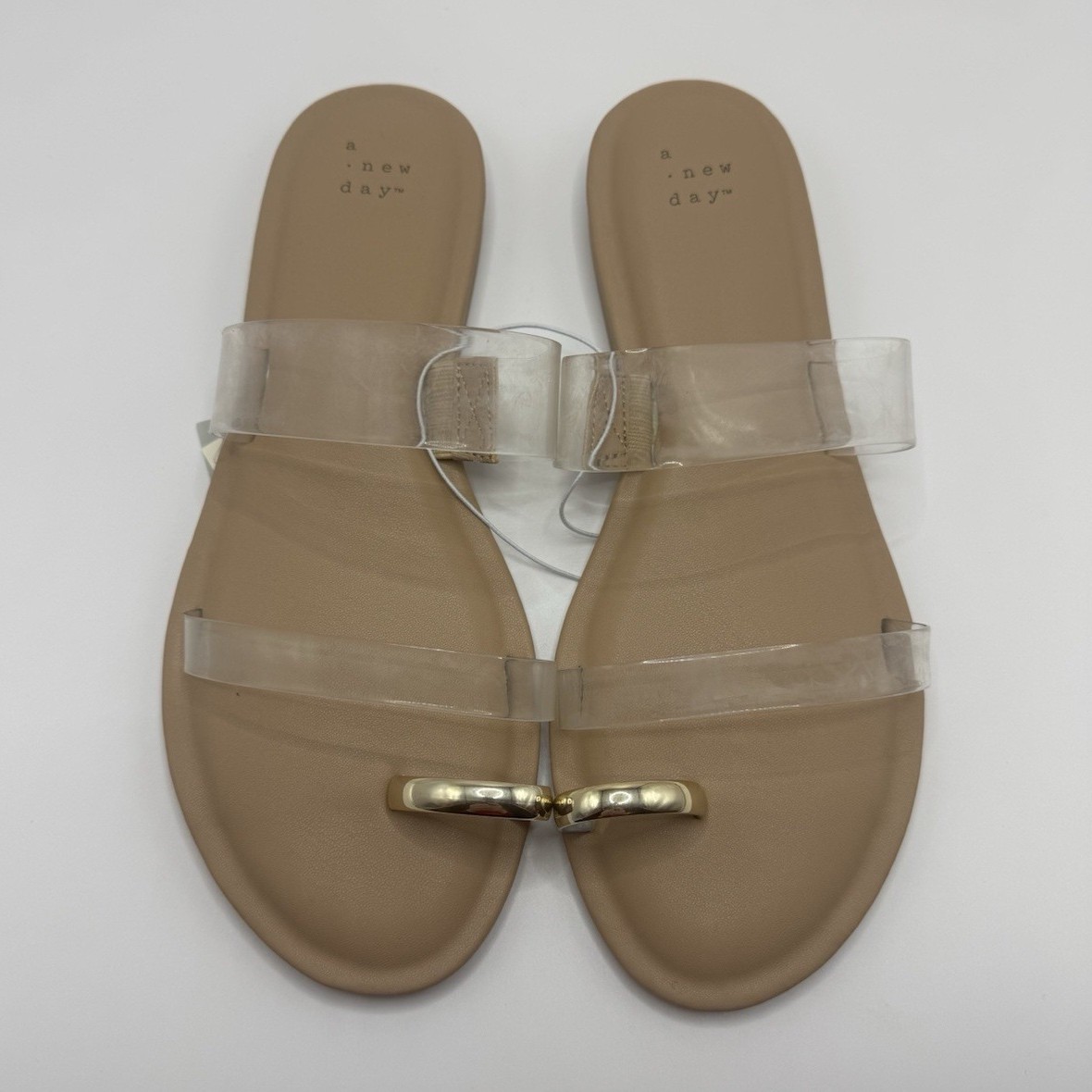 A New Day Women's Beige Clear Strap Slide Sandals Metallic Ring Slip On 7.5