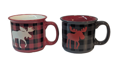 Set of 2 Lazy One Buffalo Plaid Moose Coffee Mug Red Grey Cabin Lodge 12oz Pair