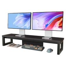 Dual Monitor Stand Riser Wood and Steel for Desk Multi-Purpose Shelf Organizer