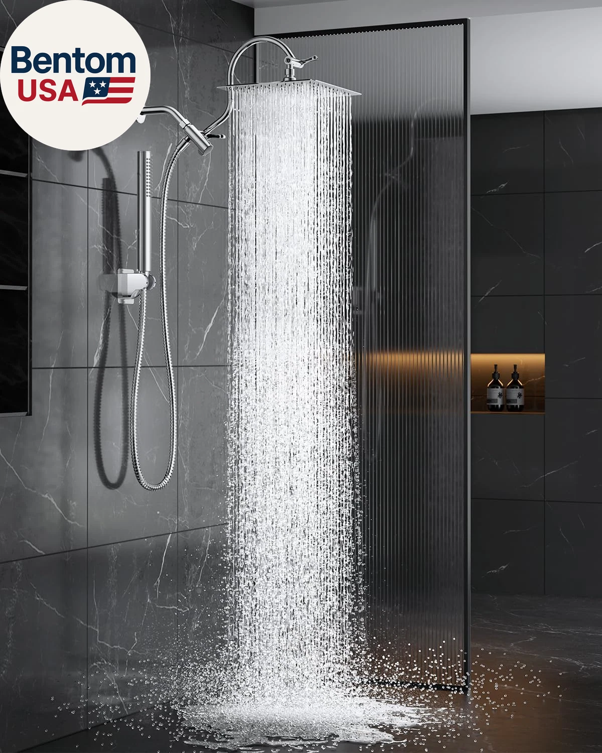 All Metal Dual Shower Heads Combo with Curved Extension Arm, 10" Rain Shower Hea