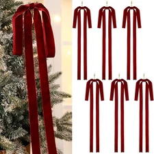 Janinka 6 Pcs Burgundy Long Velvet Bow Ornaments Christmas Swag Wine Red 
