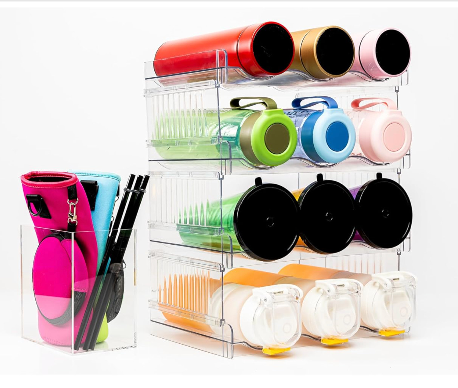 Water Bottle Storage Rack 4-Pack for 12 Tumblers w/ Acrylic Box for Straws New