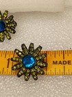 Rare Vintage 1960 Capri Signed Clip-on Rhinestone Earrings Green & Blue Daisies  — photo 9