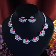 Fan Shape CZ Turquoise Tennis Necklace Earrings Silver Plated Bridal Jewelry Set