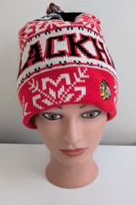 Chicago Blackhawks beanie hat Reebok Faceoff braided tassels snowflakes NHL