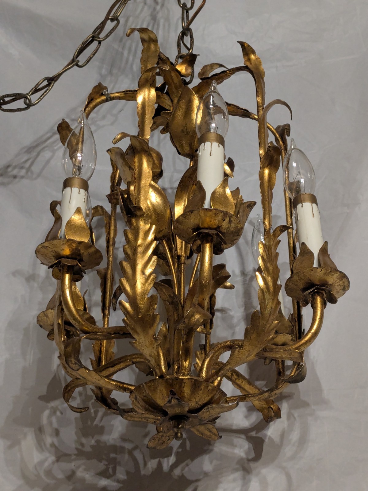 Italian Gilt GoldTole Italy Swag Light  Chandelier Hollywood Regency Mid Century