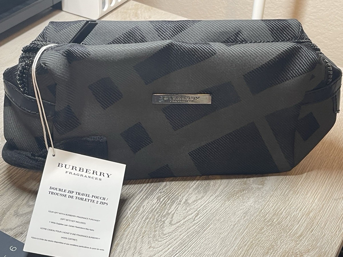 Burberry Fragrance Black/Gray Double Zip Travel Pouch Bag Check