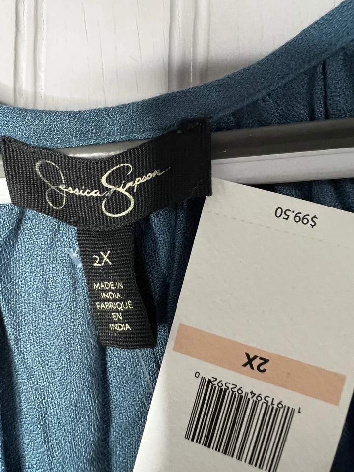 Vestido Jessica Simpson Mujer 2X Azul Bordado Boho Túnica Borla Nuevo Foto 2 de 4