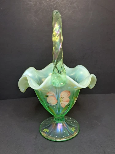 FENTON Glass Willow Green Hand Painted Opalescent Basket Vase Signed