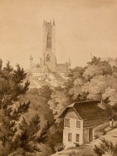 Painting drawing 19th century 1850 ink Lavis church cathedral Freiburg old Switzerland