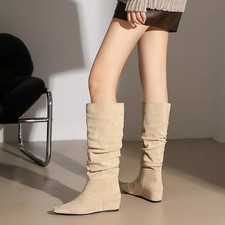 Stivali Donna Albicocca Al Ginocchio Effetto Camoscio Slim Zeppa Interna CF62124