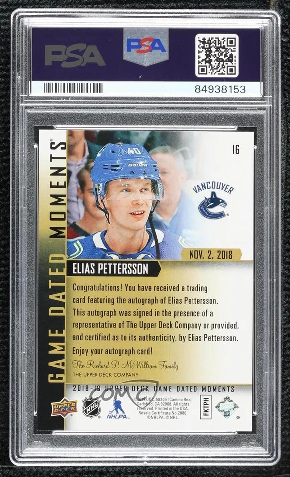 2018 Game Dated Moments Achievement Elias Pettersson #16 PSA 10 Rookie Auto RC - Image 2 of 2
