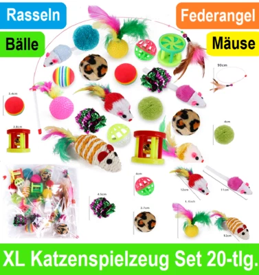 Katzenspielzeug Set 20 Teile, Katze Spielzeug Feder Angel Bälle Mäuse Rasseln