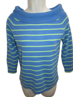 Marshall Fields 100% Cashmere Blue Green Striped 3/4 Sleeve Ribbed Sweater S