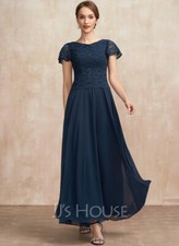 A-Line Scoop Neck Ankle-Length Chiffon Lace Dress With Sequins