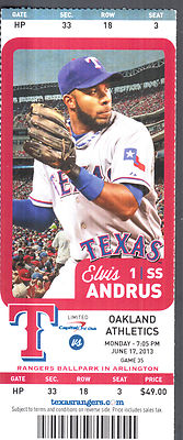Texas Rangers vs Oakland A's June 17 2013 Full Ticket Stub Elvis Andrus Photo