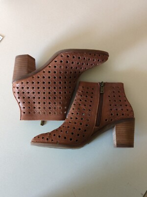 Lucky Brand Painina Perforated Cognac Leather Ankle Boots Block